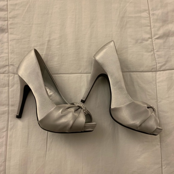 Silver Satin Peep Toe Heels - Picture 3 of 5